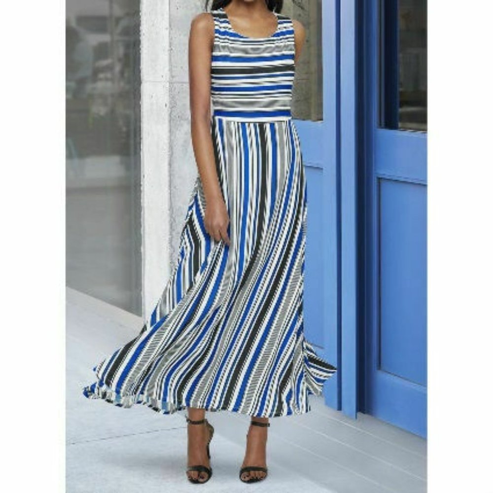 K. Jordan Women's Multi-Stripe Woven Maxi Dress in Blue-Multi  XL
